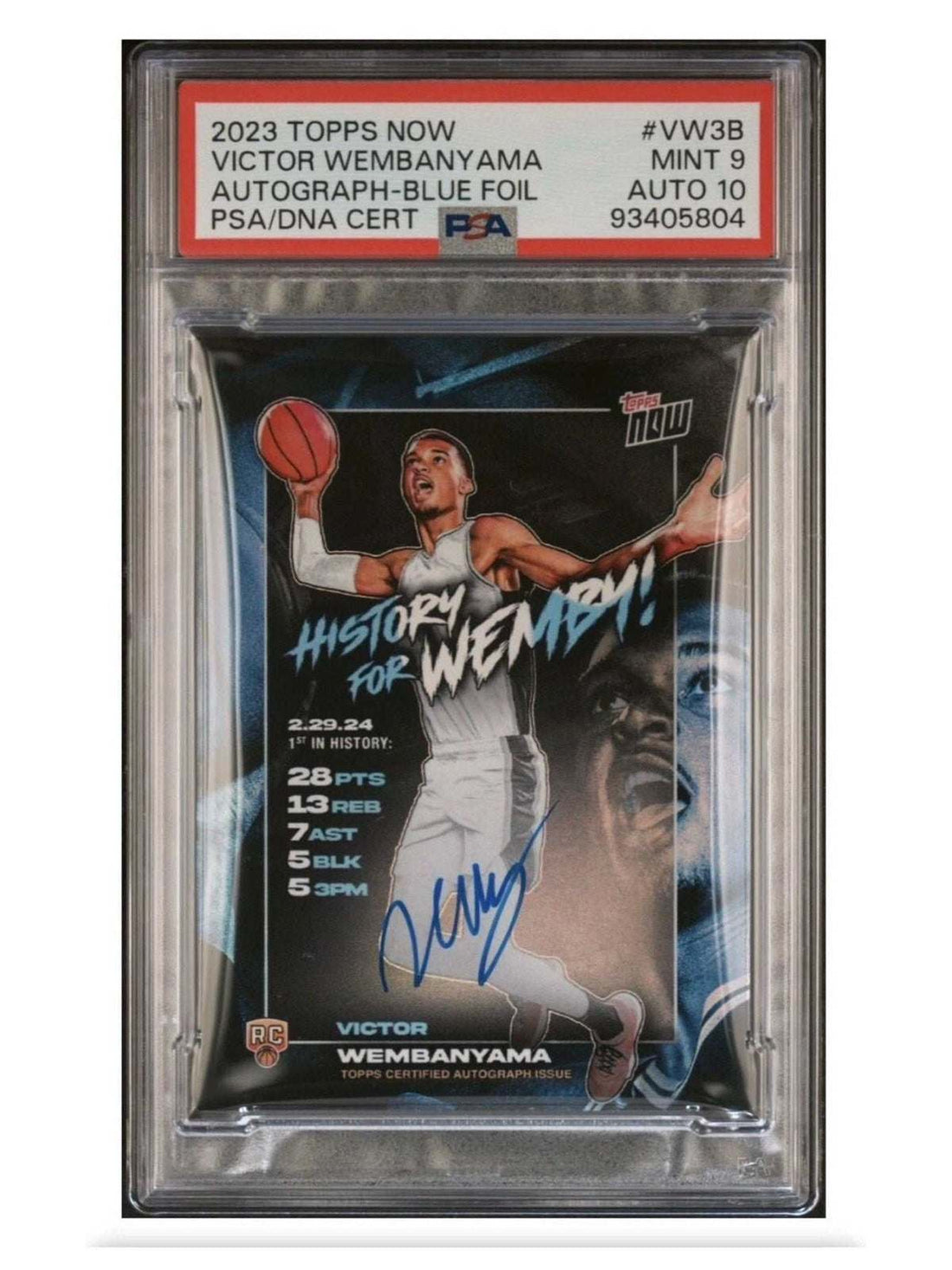 13/49* 2024 Topps Now Victor Wembanyama RC* AUTO History For Wemby! VW-3B - PSA  — clean white background