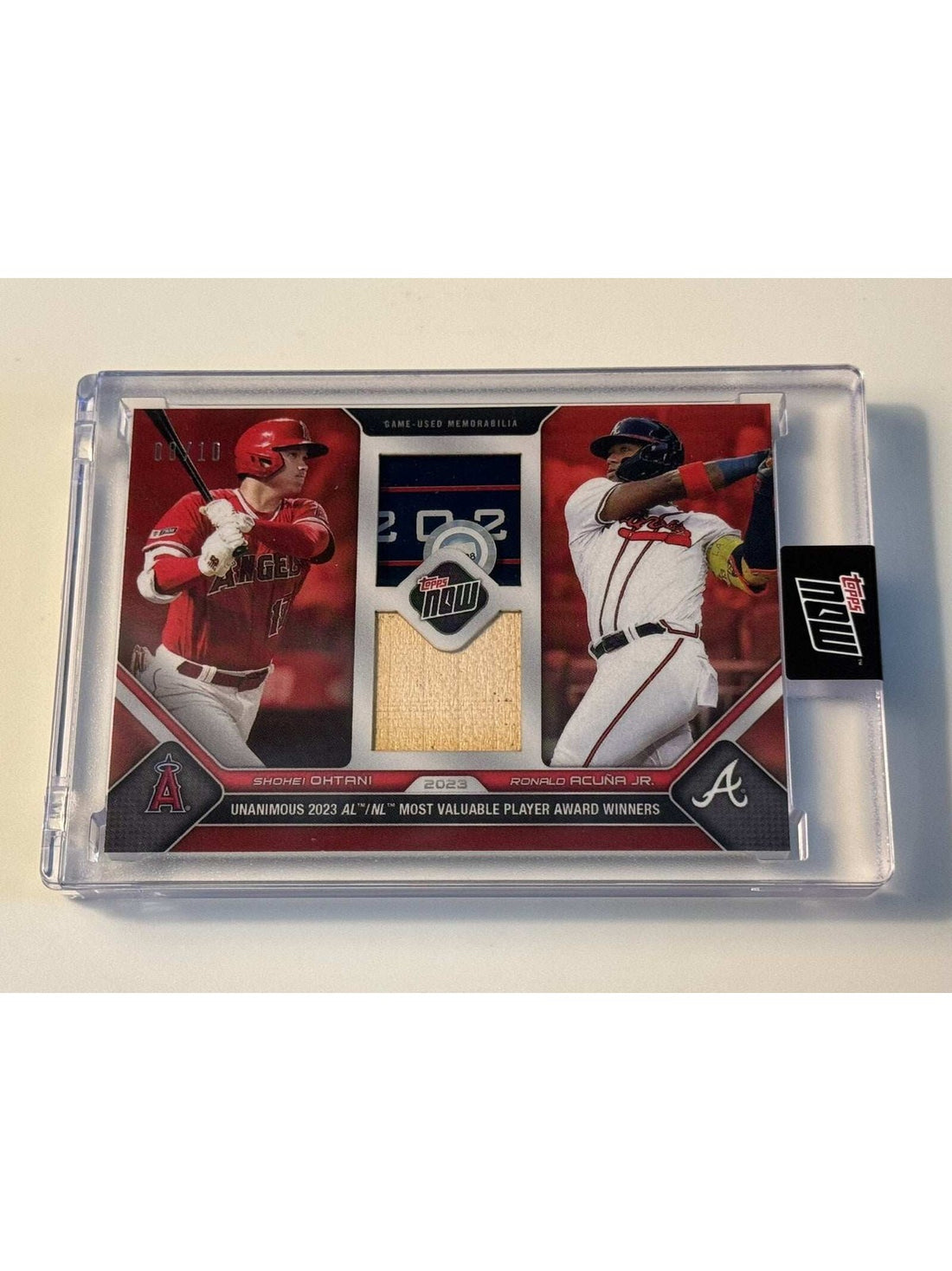 SEALED! DUAL Game-Used Base/Bat Relic 8/10 Ohtani/Acuna 2023 MLB Topps Now OS18 — clean white background