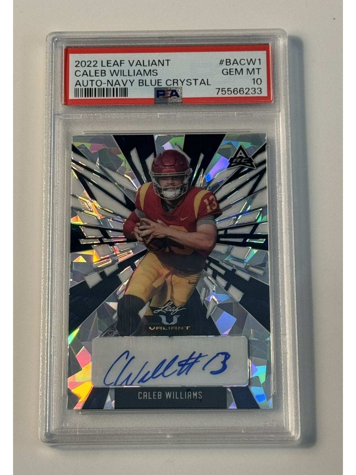 2022 Leaf Valiant 2/15 Caleb Williams RC Navy BLUE Crystal USC/NFL Bears PSA 10 — clean white background