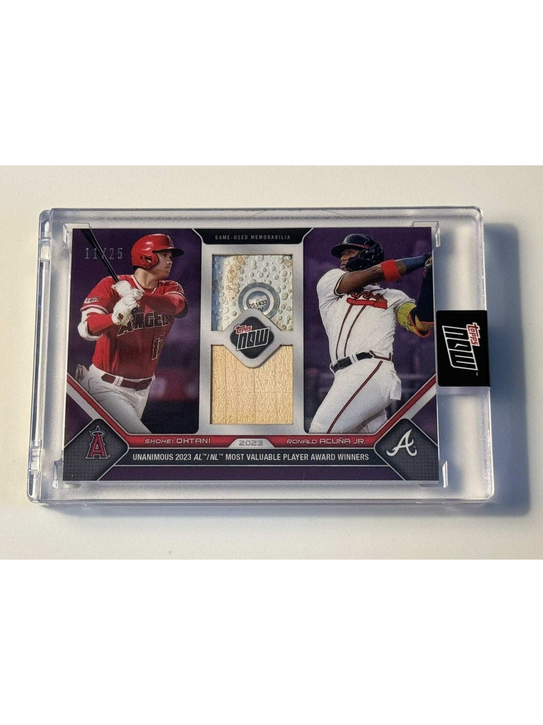 11/25* DUAL Game-Used Base/Bat Relic Ohtani/Acuna 2023 Topps Now OS18B - IN HAND — clean white background