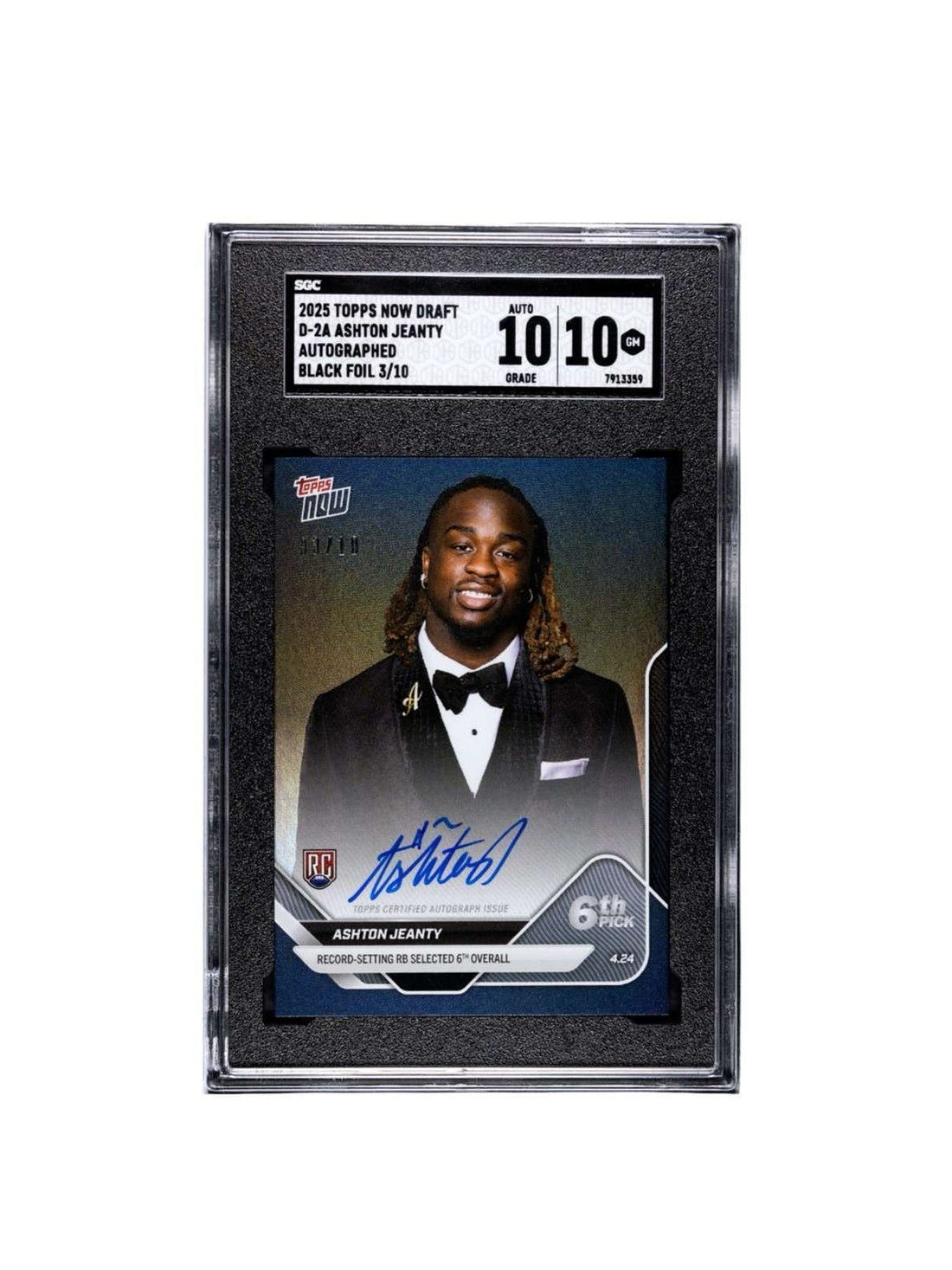 3/10* Ashton Jeanty RC 2025 Topps Now Draft Black Foil Auto NFL Raiders SGC 10GM — clean white background