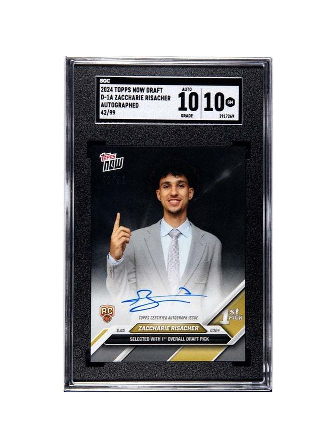 42/99 Zaccharie Risacher RC 2024 Topps Now NBA Draft Night D-1A NBA Hawks SGC 10 — clean white background