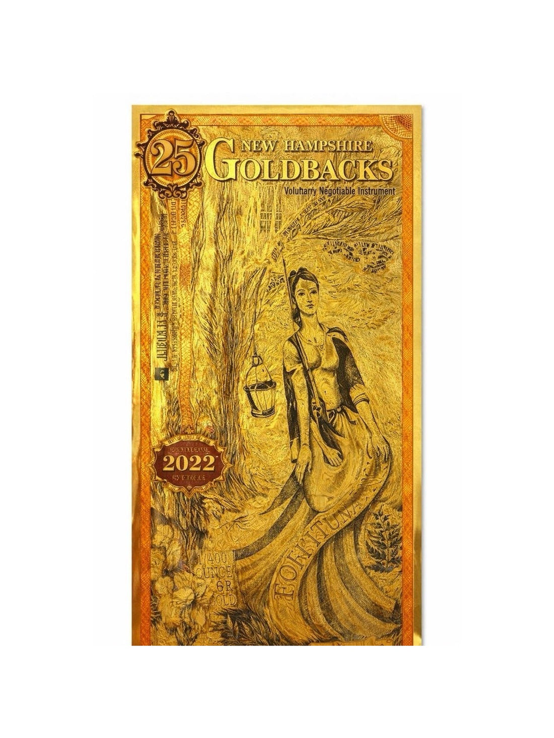 LIMITED 2022 New Hampshire Goldback $25 Twenty Five 1/40 Troy oz 24K Gold Note — clean white background