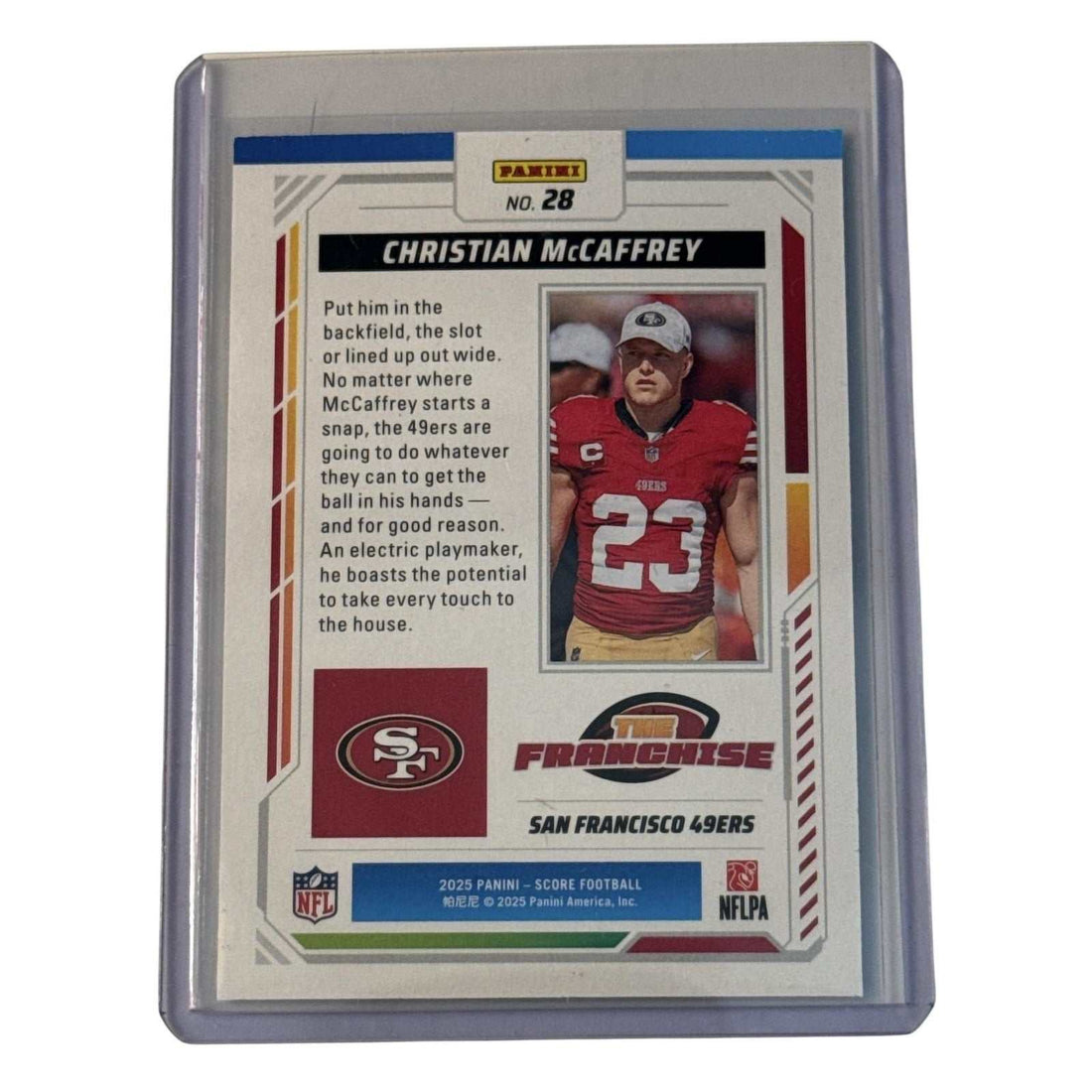 2025 NFL SCORE Panini football card of Christian McCaffrey in San Francisco 49ers uniform number 23