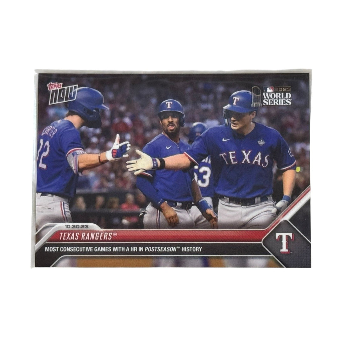 WORLD SERIES Texas Rangers Topps NOW baseball card featuring postseason home run streak record