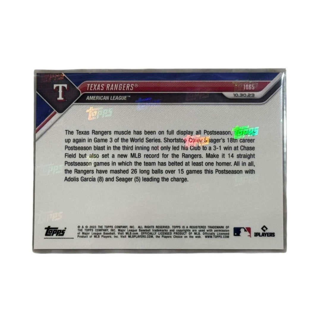 WORLD SERIES Texas Rangers Topps NOW baseball card featuring postseason home run streak record