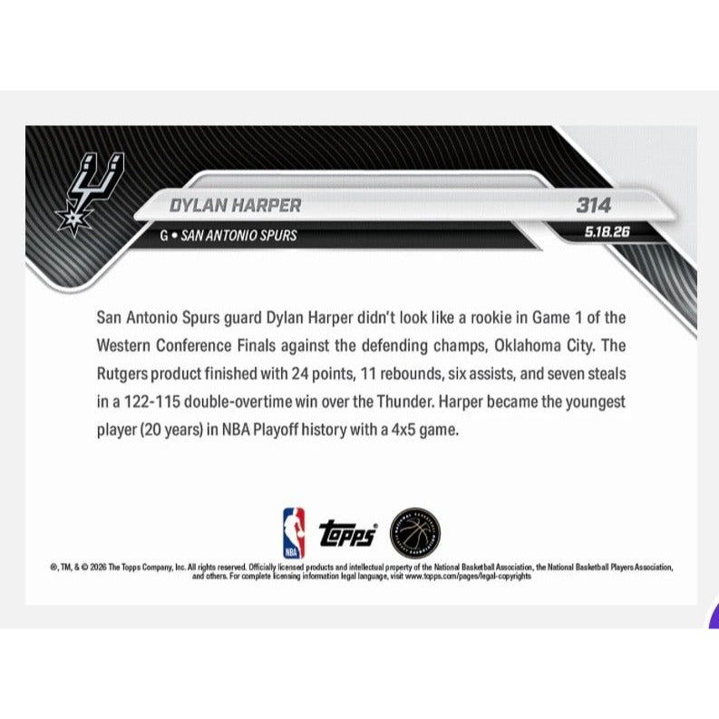 Limited PR! 2026 Topps NOW Dylan Harper RC #314 Spurs Youngest NBA 4x5 Game