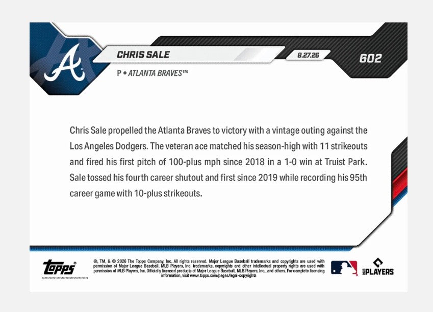 Chris Sale 2026 Topps NOW #602 Atlanta Braves front