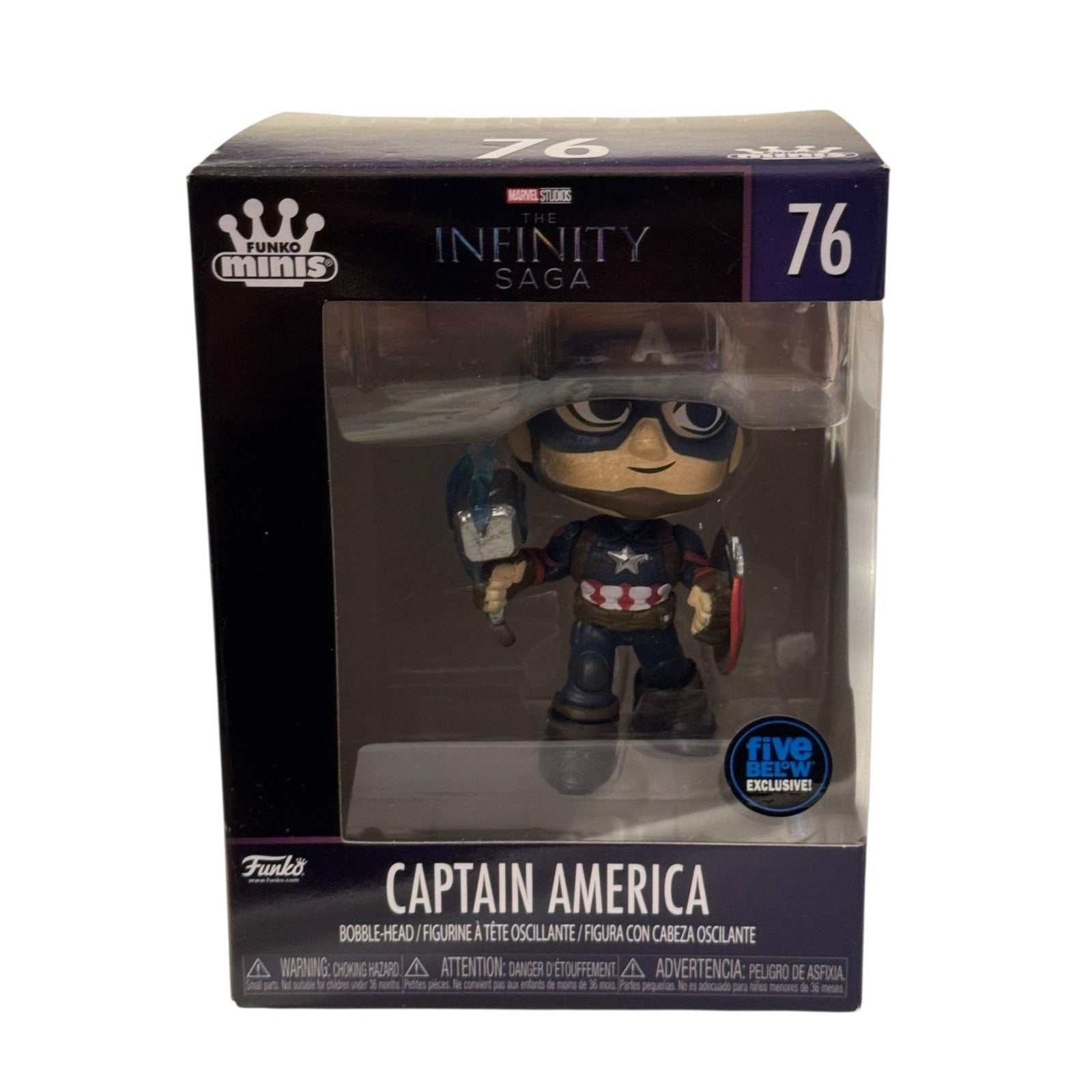 Captain America Infinity Saga Funko Minis 76 holding Mjolnir and shield Five Below Exclusive in box