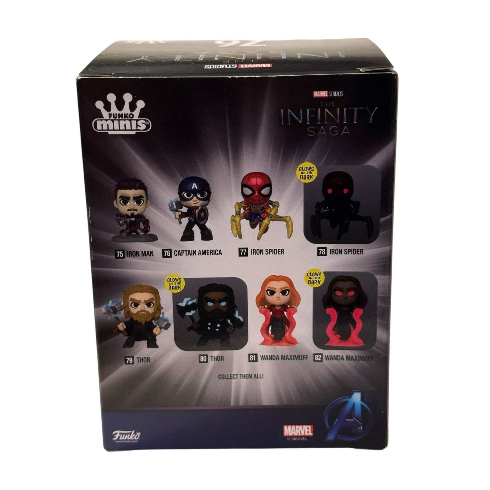 Captain America Infinity Saga Funko Minis 76 Five Below Exclusive packaging showing collectible mini figures including Captain America with Mjolnir and shield in Avengers theme