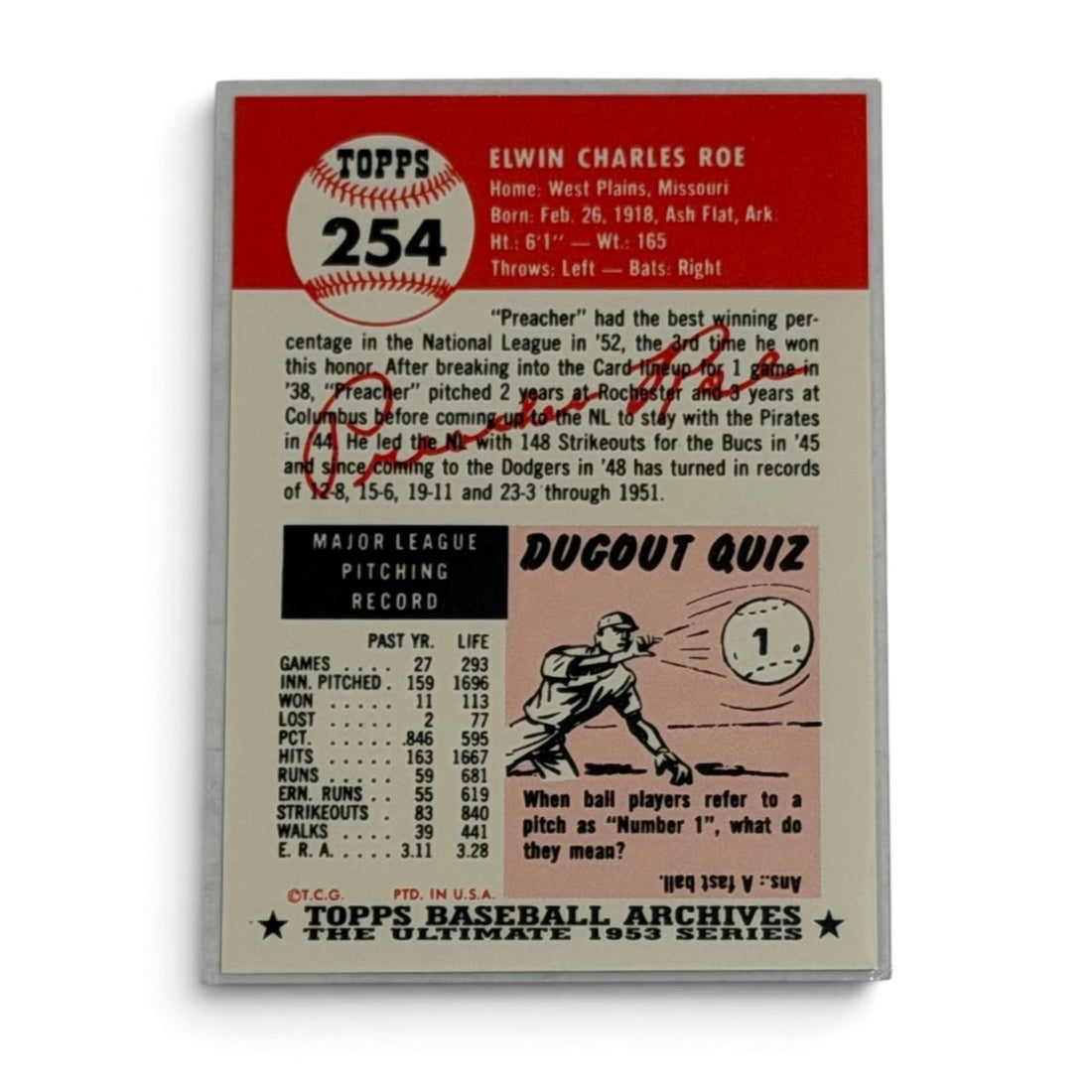 1991 Topps Archives 1953 Preacher Roe #254 Brooklyn Dodgers Baseball Card