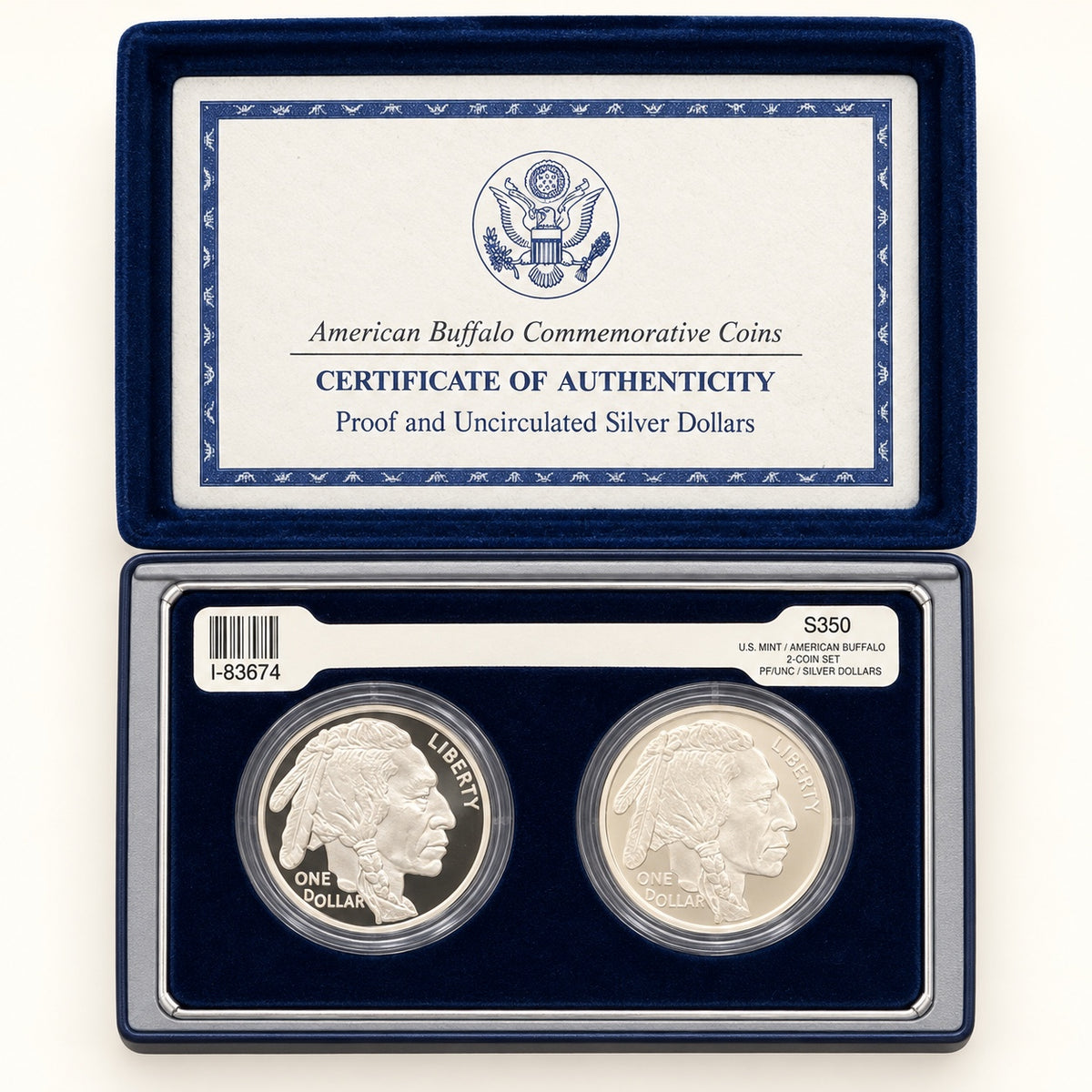 2001 American Buffalo silver dollar proof and uncirculated two-coin set with COA