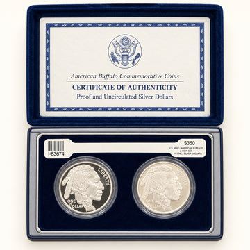 2001 American Buffalo silver dollar proof and uncirculated two-coin set with COA