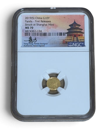 2019 China Gold Panda 1 gram NGC MS70 First Releases Tong Fang signed label front