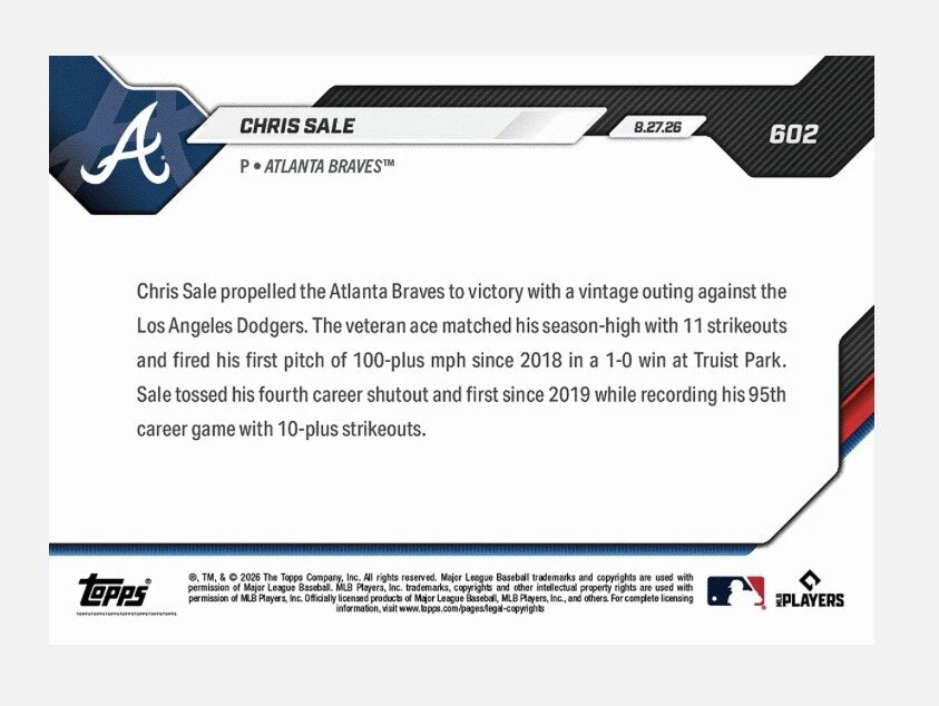 Stock reverse reference for Chris Sale Topps NOW #602
