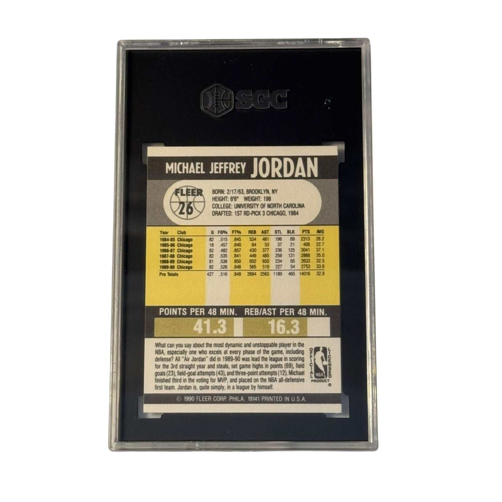1990-91 Fleer Michael Jordan #26 SGC 9 Mint vintage basketball card back showing stats and grading case