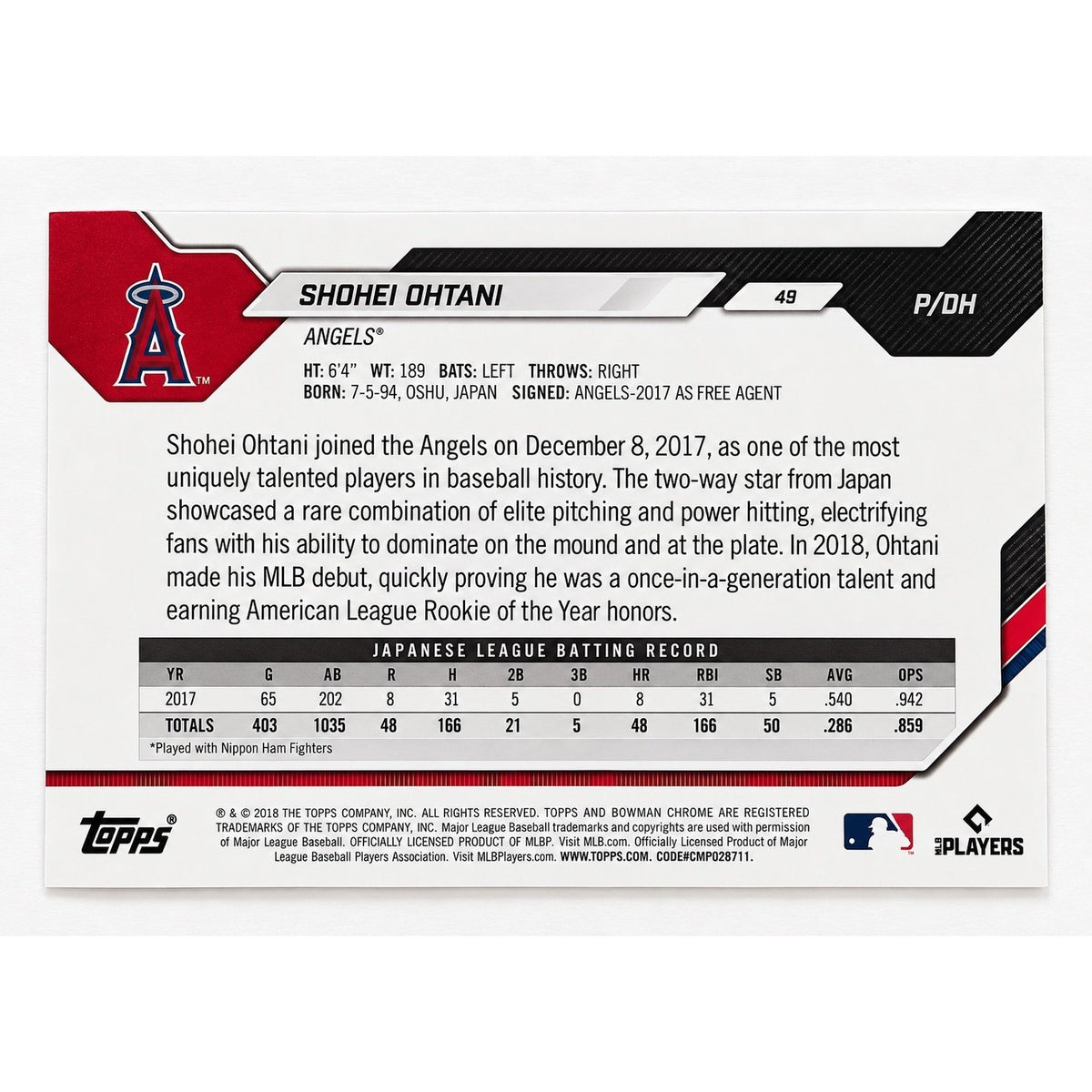 Shohei Ohtani 2018 Bowman #49 RC MLB LA Angels Pitching Rookie Card NM-M — original photo 2