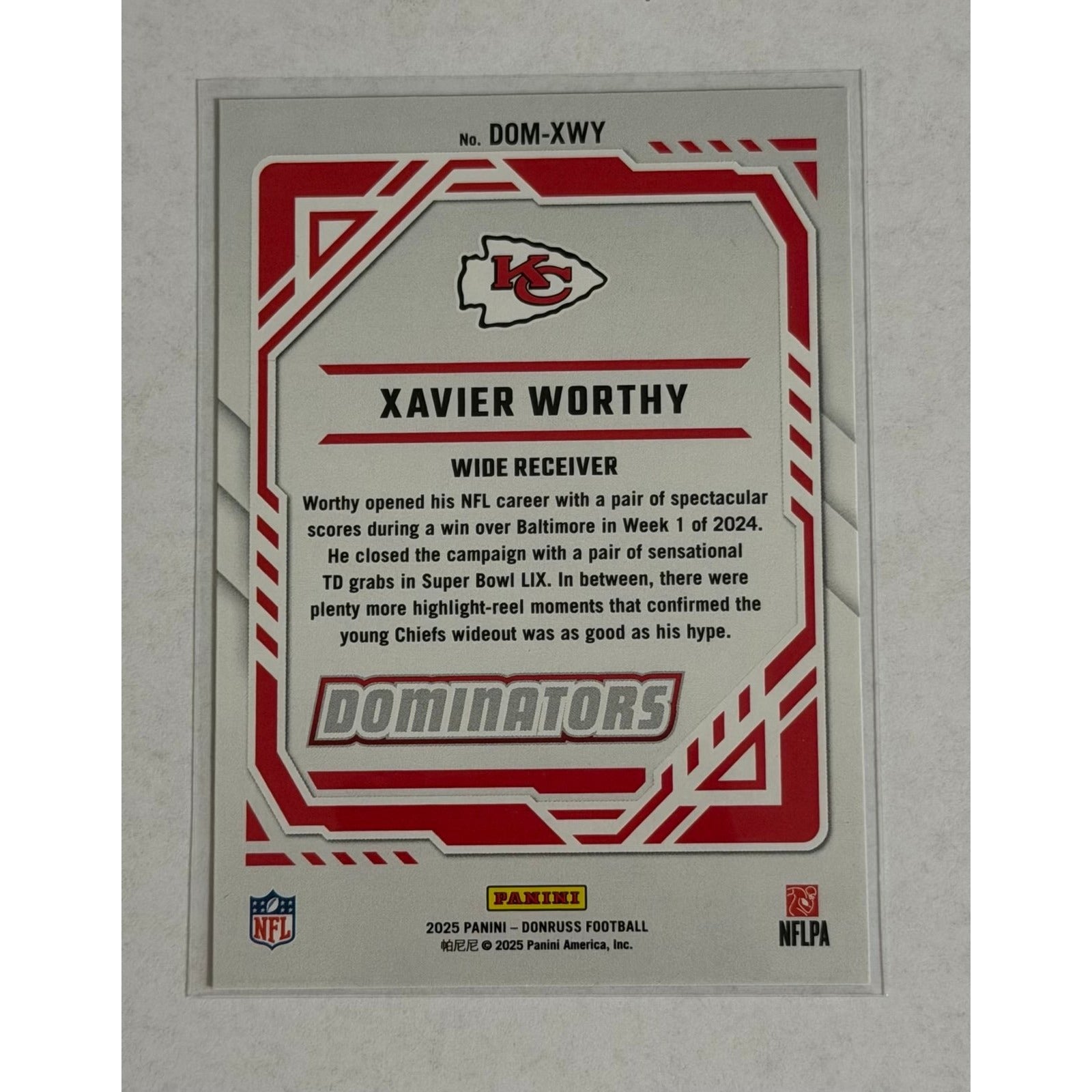 2025 Donruss Dominators Xavier Worthy DOM-XWY 2025 Donruss Dominators Xavier Worthy DOM-XWY Silver Holo Chiefs Insert Card