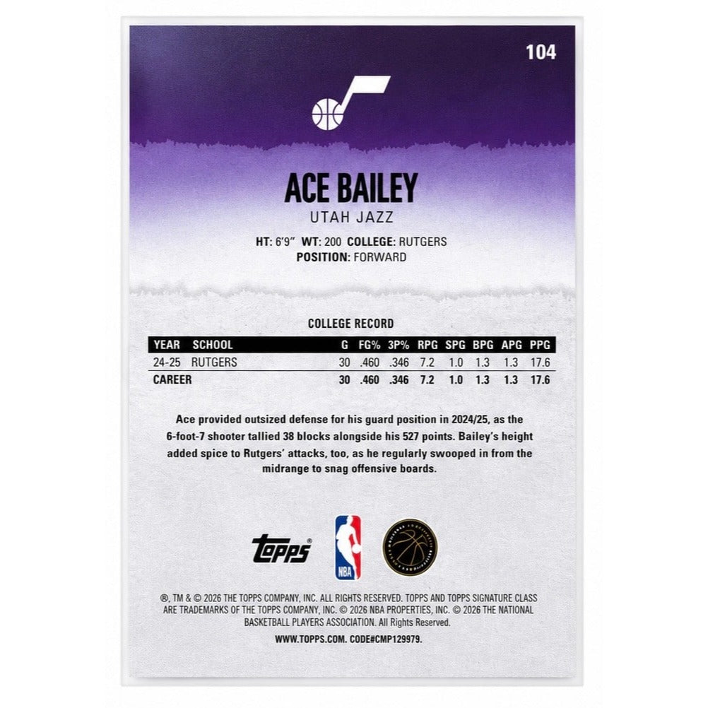 Ace Bailey Topps Ace Bailey RC NBA Utah Jazz 2025-26 Topps Signature Class Rookie Card 104