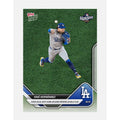 Kike Hernandez 2025 Topps NOW Card showing Dodgers player mid-throw in World Series game-winning double play