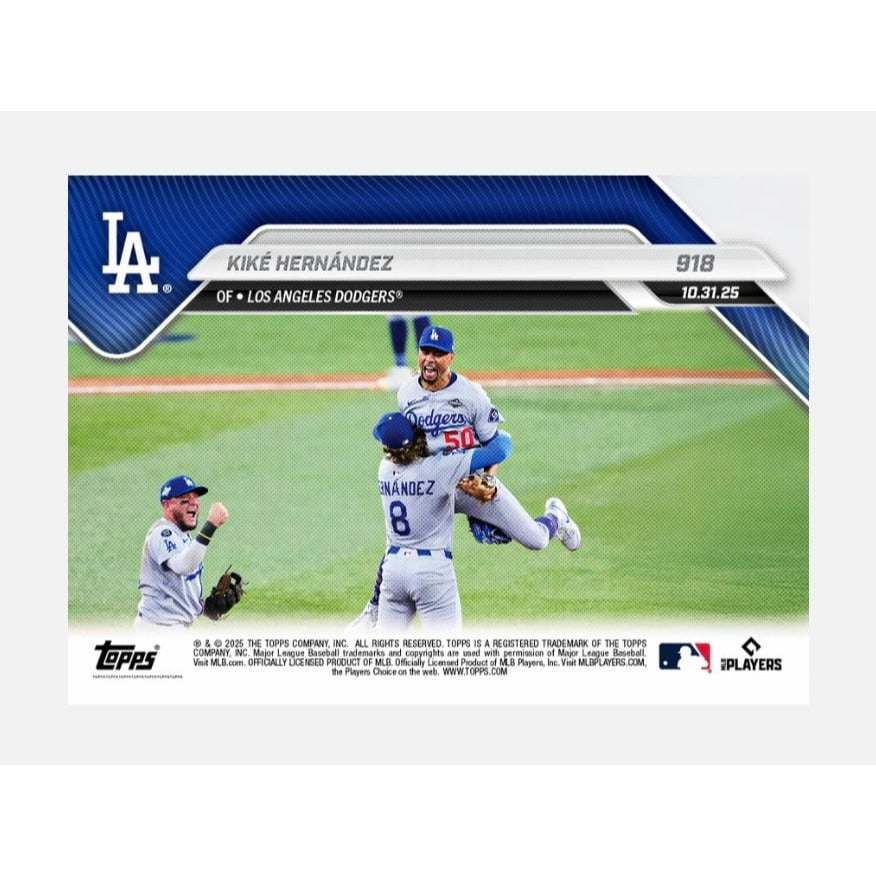 Kike Hernandez 2025 Topps NOW Card showing Dodgers player mid-throw in World Series game-winning double play