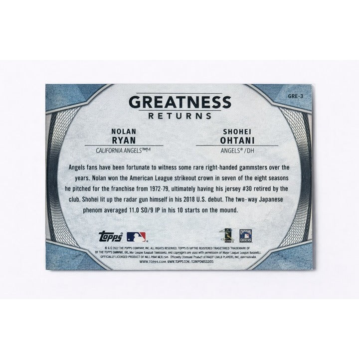 Shohei Ohtani Nolan Ryan 2019 Topps Chrome REFRACTOR Greatness #GR-3 MLB Dodgers