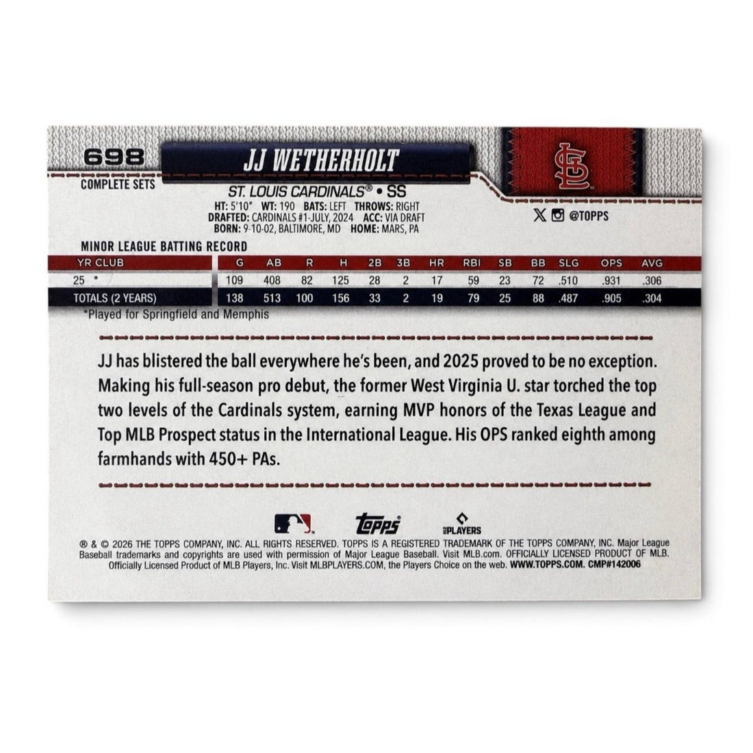 JJ Wetherholt RC SP 2026 Topps #698 MLB Cardinals Complete Set Short Print