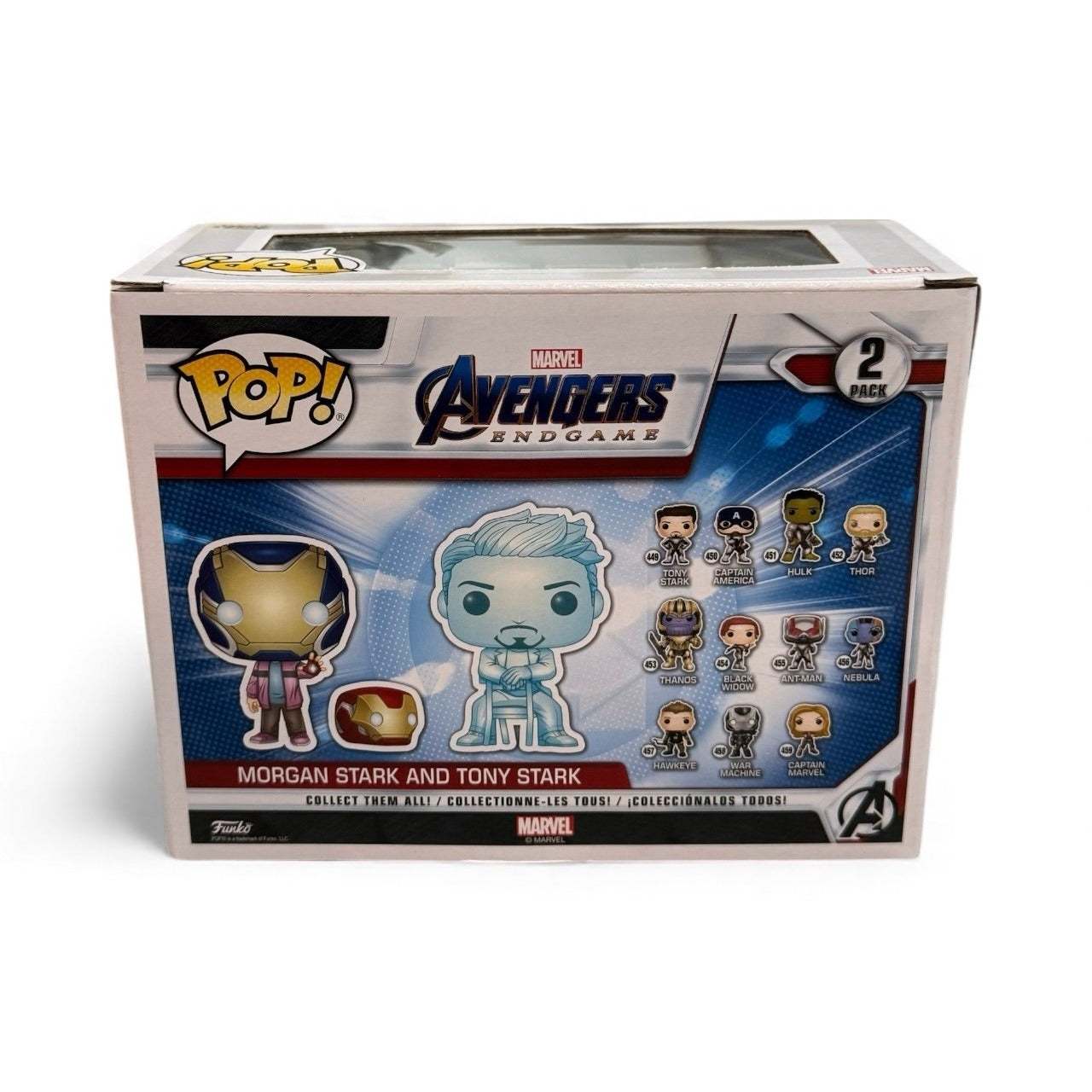 Funko Pop Marvel Avengers Endgame Morgan Stark and Tony Stark 2-Pack Glow in the Dark collectible toy set in box