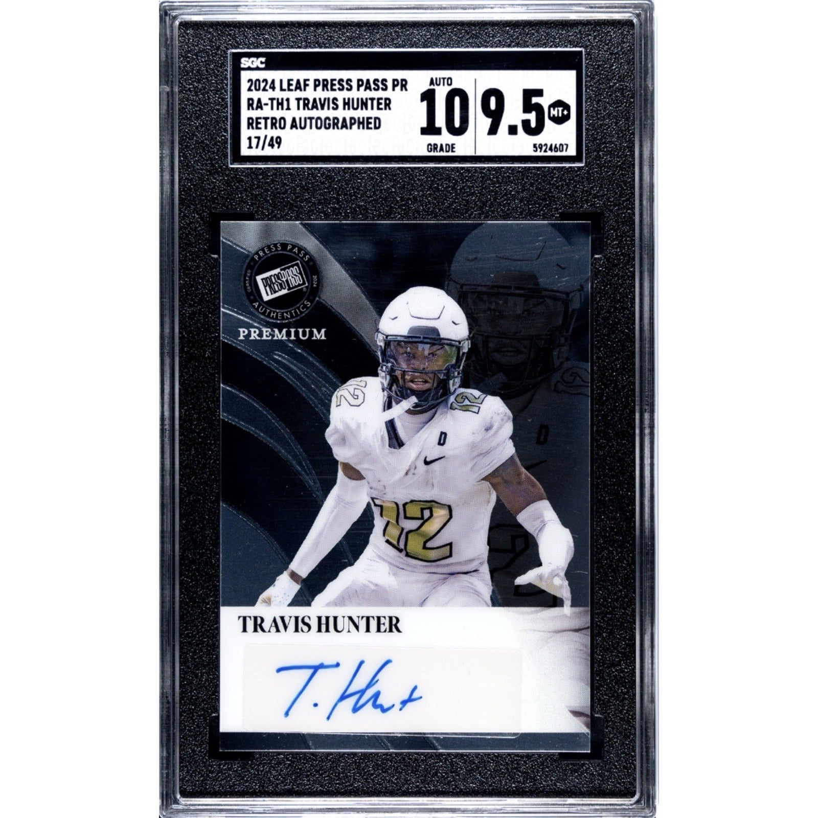17/49 2024 Leaf Press Pass Premium -Travis Hunter RC Auto Retro  #RA-TH1 SGC 9.5