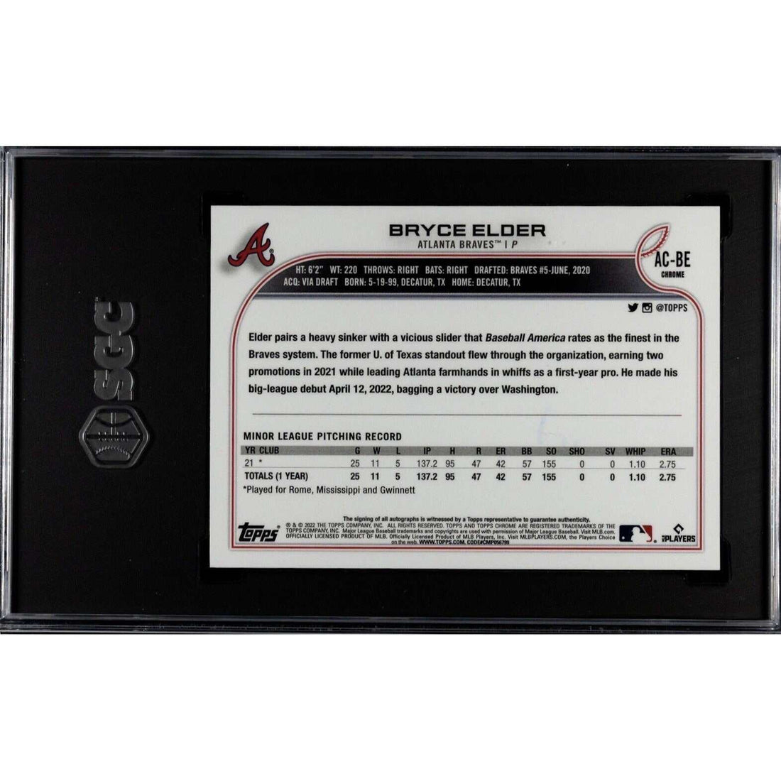 2022 Topps Chrome Bryce Elder Rookie Autographed Baseball Card MLB Braves SGC 9