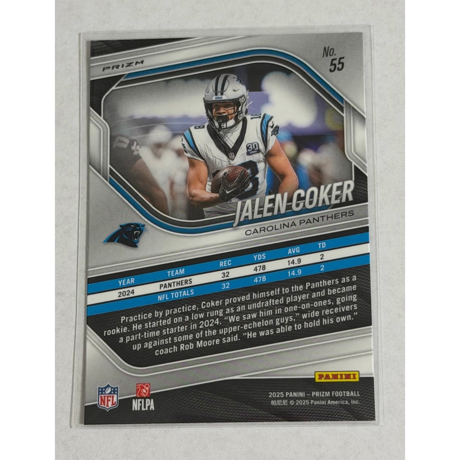 Jalen Coker Panini 2025 Panini Prizm Jalen Coker 55 Cracked Ice Carolina Panthers SP Insert Card