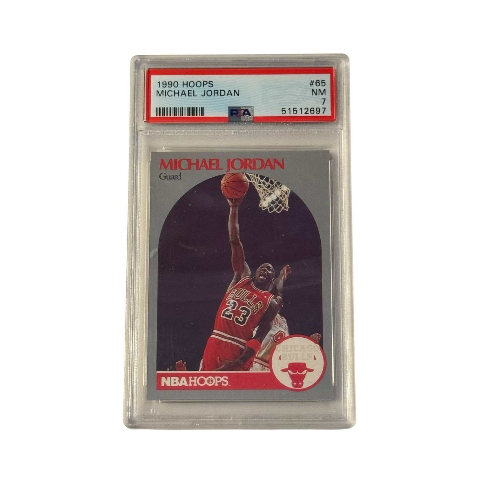 1990 Hoops Michael Jordan basketball card graded PSA 7 in protective slab featuring Bulls dunk pose