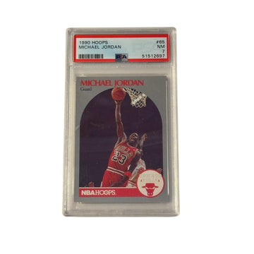 1990 Hoops Michael Jordan basketball card graded PSA 7 in protective slab featuring Bulls dunk pose