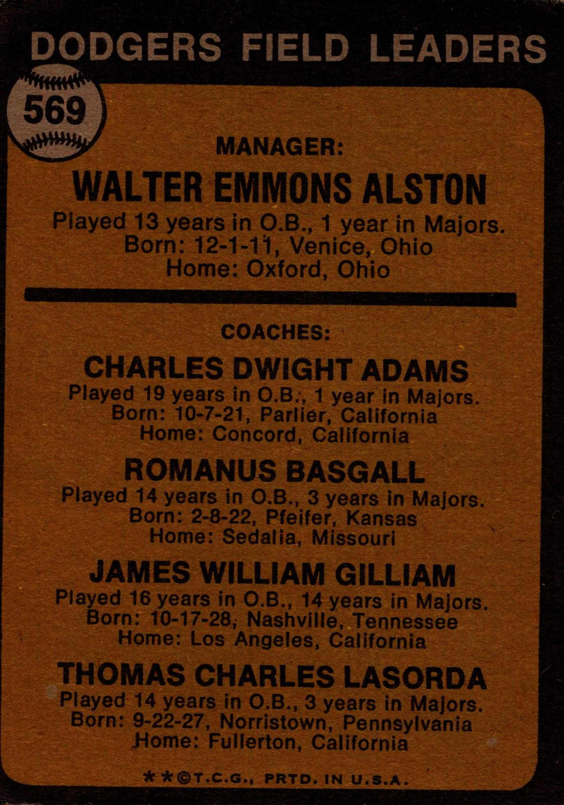 Walt Alston Manager Topps 1969 Topps MLB Walt Alston Manager Los Angeles Dodgers Vintage Card