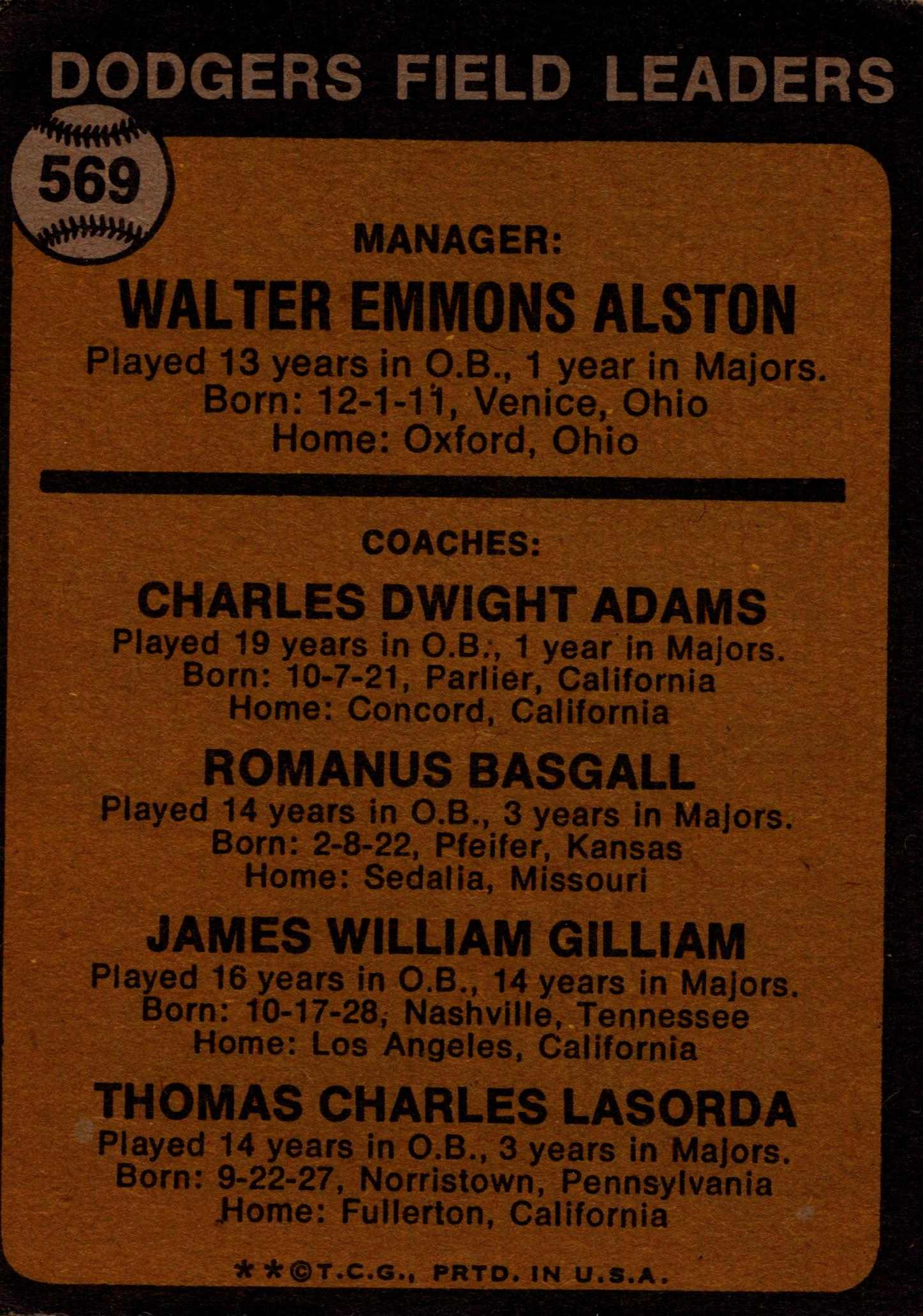 1969 Topps MLB Walt Alston Manager Los Angeles Dodgers vintage baseball card