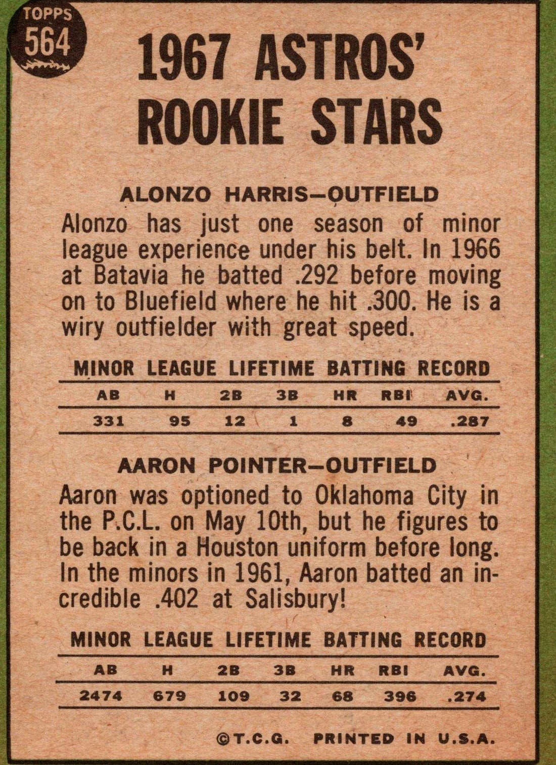 Astros Topps 1967 Topps MLB Astros Rookie Stars Alonzo Harris Aaron Pointer RC Houston