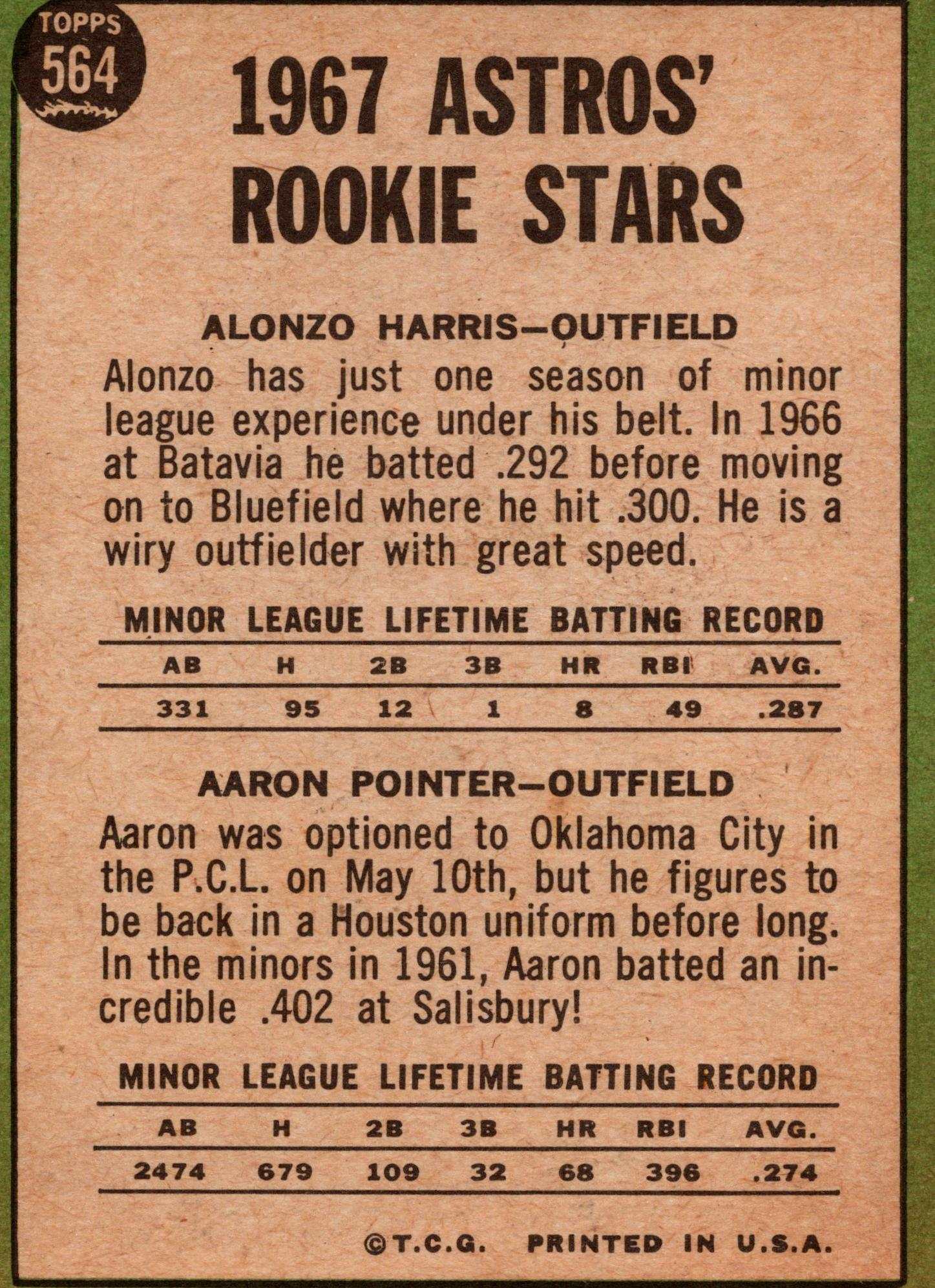 Astros Topps 1967 Topps MLB Astros Rookie Stars Alonzo Harris Aaron Pointer RC Houston