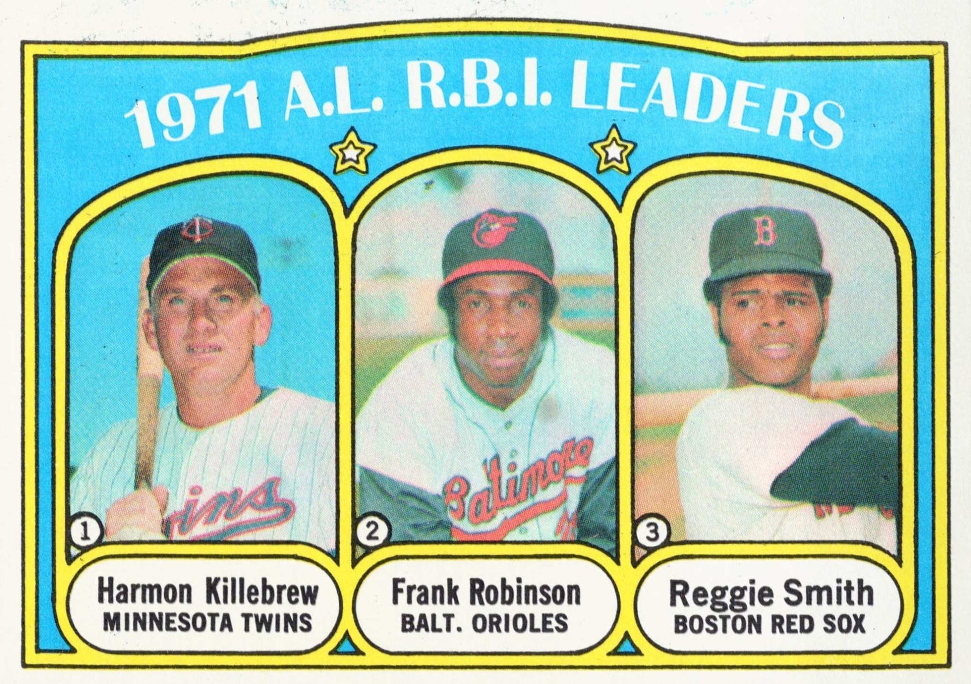 1971 MLB Minnesota Twins Orioles Red Sox RBI Leaders Topps baseball card in EX to NM+ condition