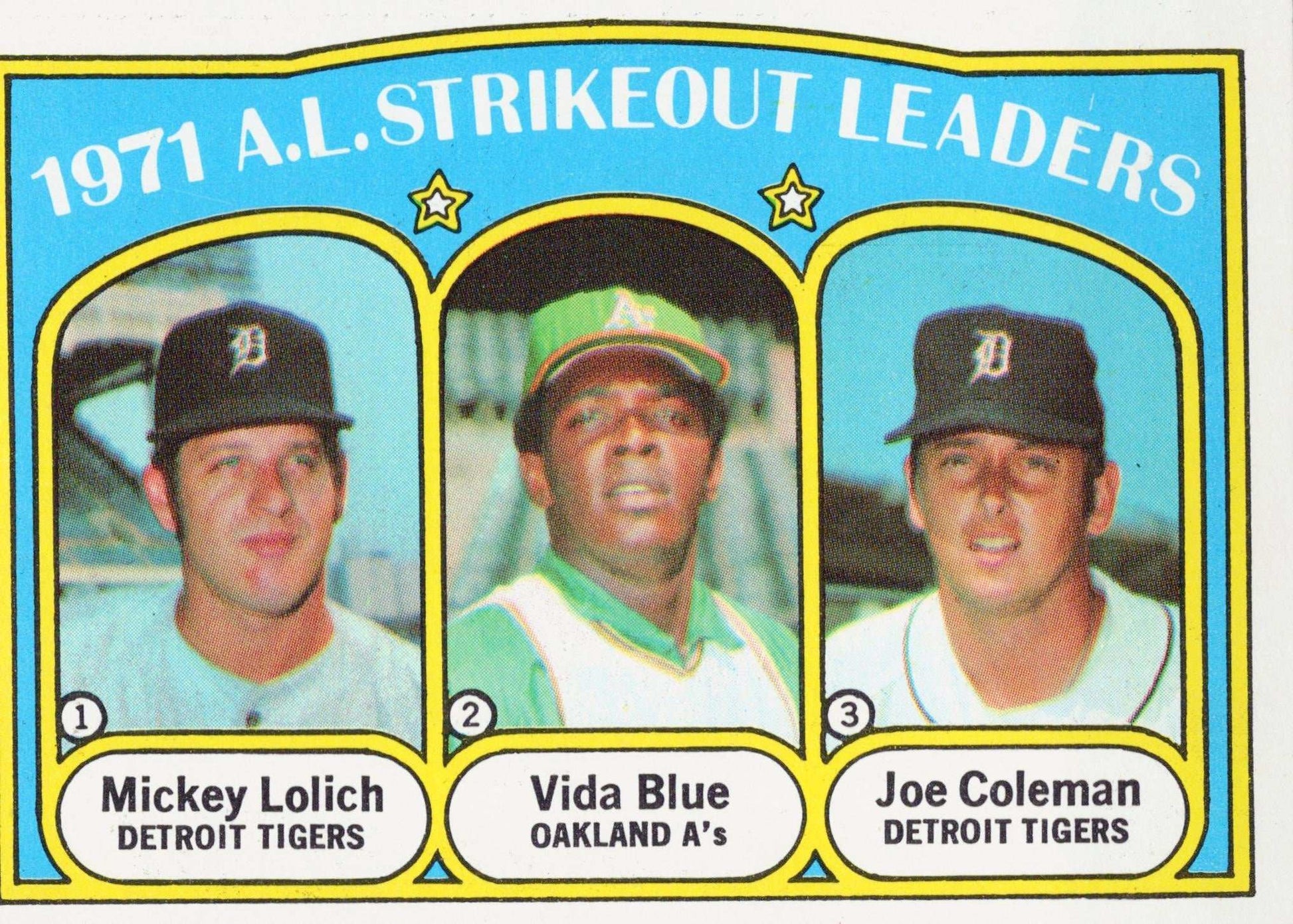 1971 MLB Detroit Tigers Oakland Athletics Topps strikeout leaders card in protective sleeve