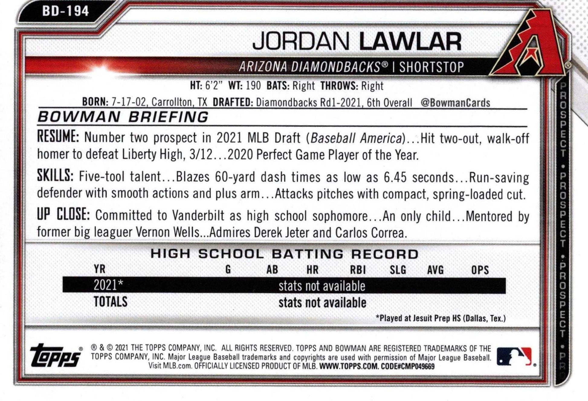 2021 Bowman Jordan Lawlar Arizona Diamondbacks prospect baseball card