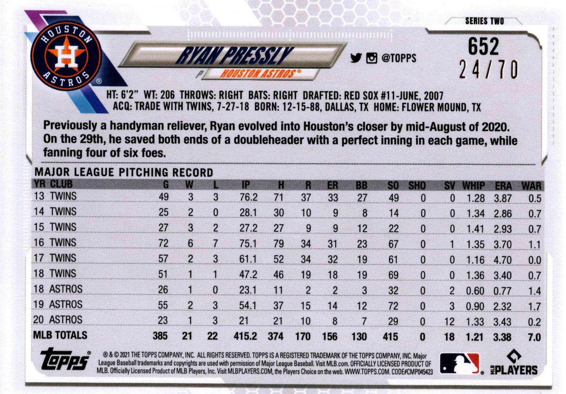 2021 MLB Ryan Pressly Houston Astros Topps baseball card reliever in protective sleeve