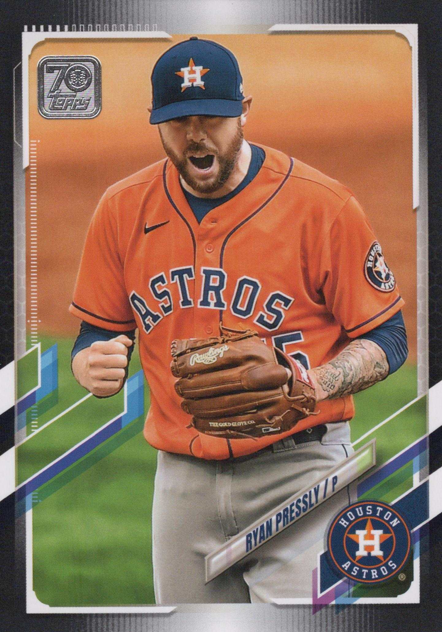 2021 MLB Ryan Pressly Houston Astros Topps baseball card reliever in protective sleeve