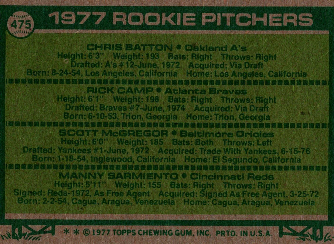 Pitchers Topps 1977 MLB Topps Rookie Pitchers 475 Braves Reds Orioles Athletics Card