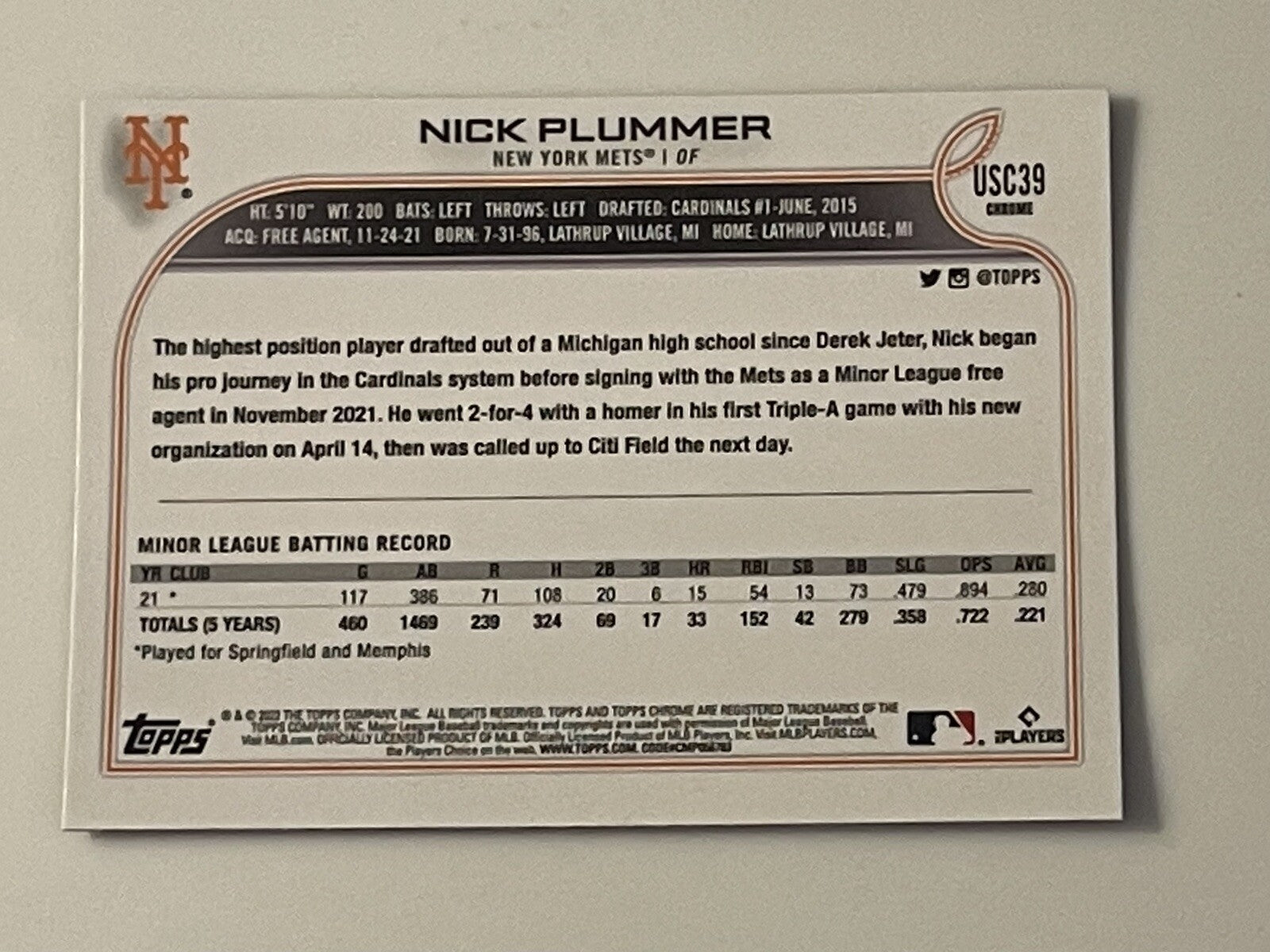 2022 Topps Chrome Update Nick Plummer Purple Refractor RC #USC39 NY Mets MINT!