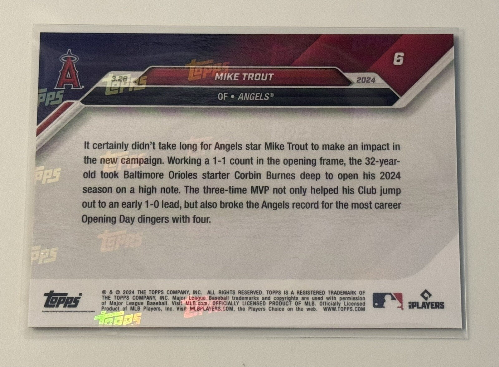 Mike Trout* 2024 Topps Now #6 Los Angeles Angels Opening Day HR Card* - PR 1550*