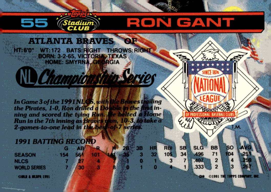 1992 Stadium Club Dome Ron Gant baseball card Atlanta Braves batting action