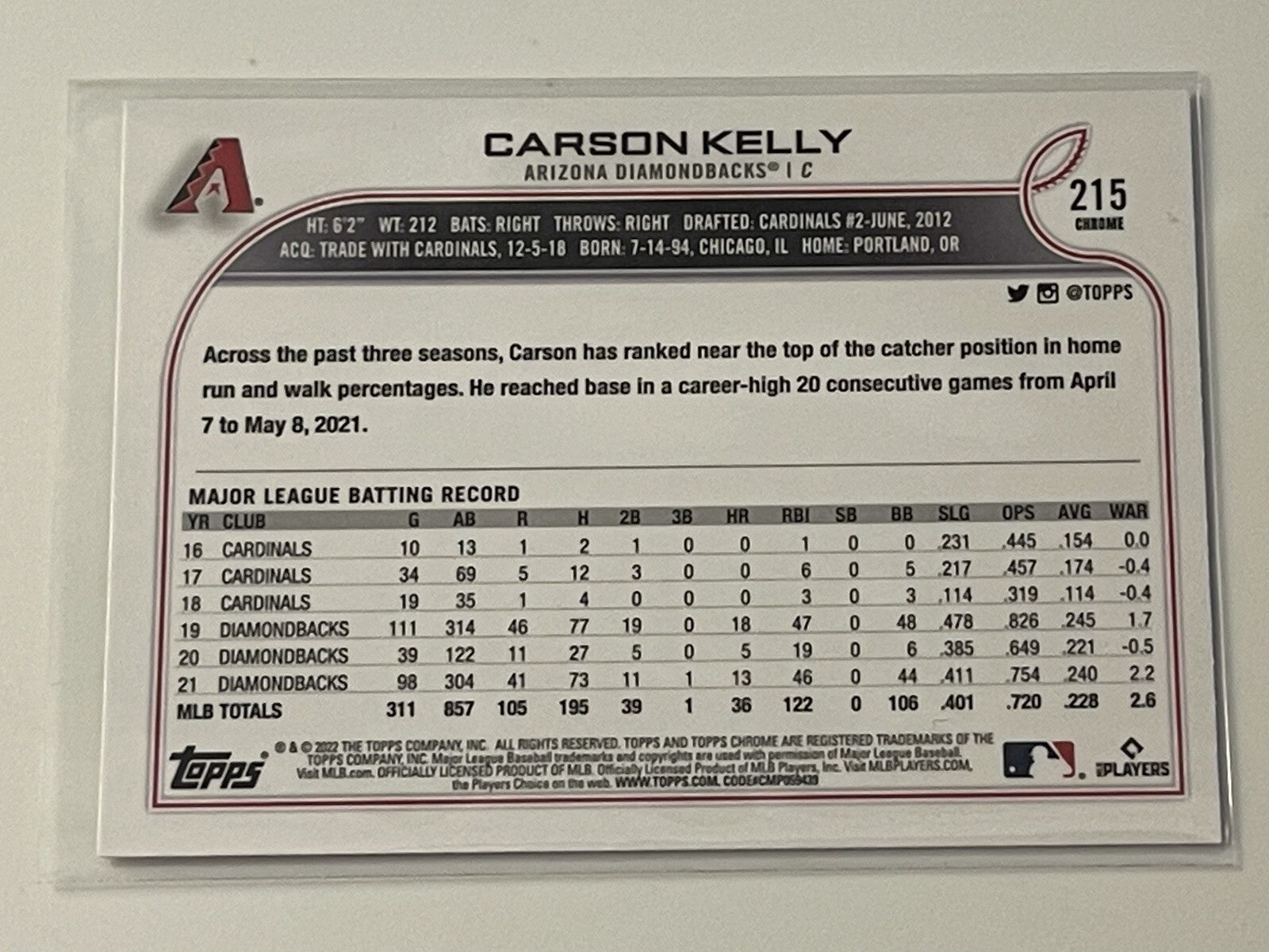 2022 Topps Chrome Carson Kelly - MLB NL Arizona Diamondbacks Baseball Card #215*