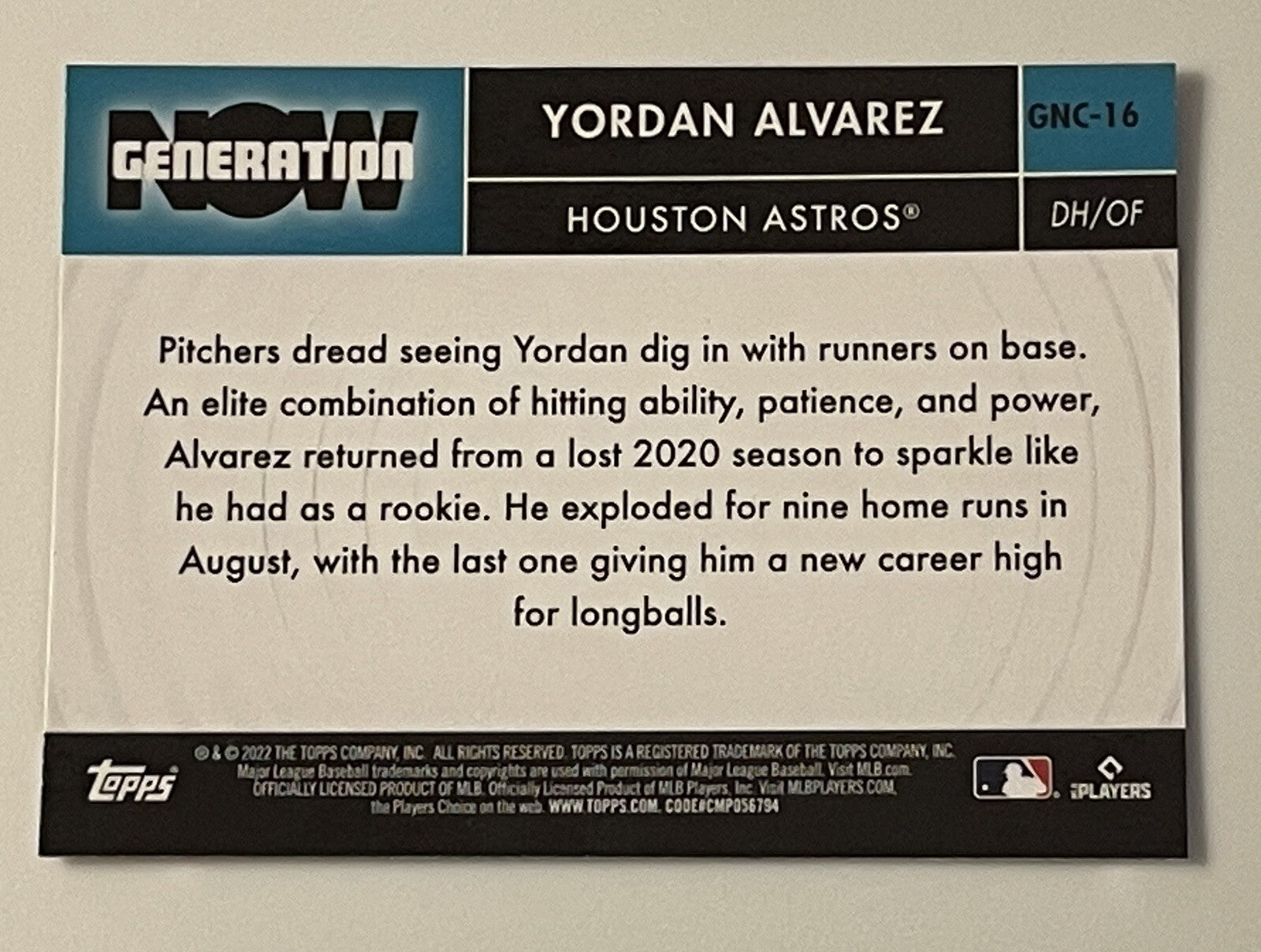 2022 Topps Chrome Update Yordan Alvarez Generation Now #GNC-16 MLB World Champs!