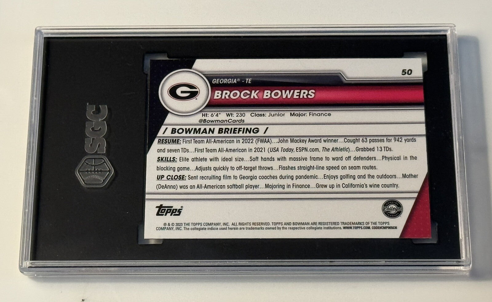 Brock Bowers RC 2023 Bowman U Chrome Official UGA Dogs Card #50 Raiders - SGC 10