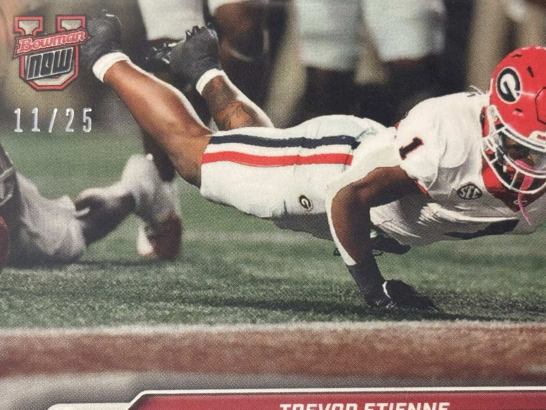 2024 Bowman U Now Football card of Trevor Etienne with 3 TDs from Georgia Bulldogs, limited edition